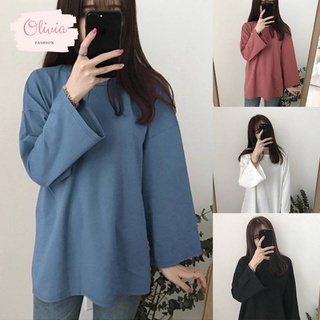 🍓Olivia🍓เสื้อยืดแขนยาวผู้หญิง คอกลม สีพื้น oversize หลวมๆ ทรงปล่อยตรงผ้าคอตตอน #9020