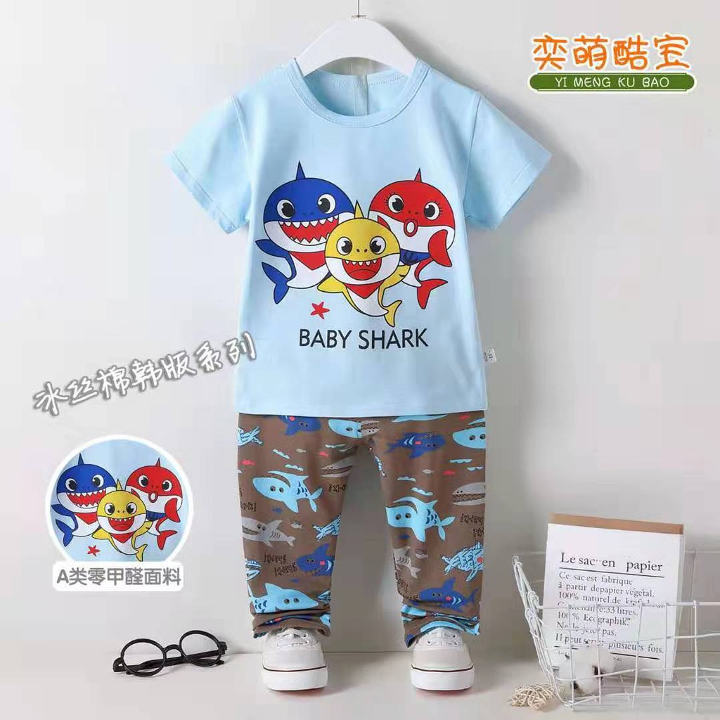 ผ้าฝ้าย 100% ชุดนอนเด็กชุด Budak Baju Tidur ชุดนอนการ์ตูน Baby Shark 儿童纯棉套装
