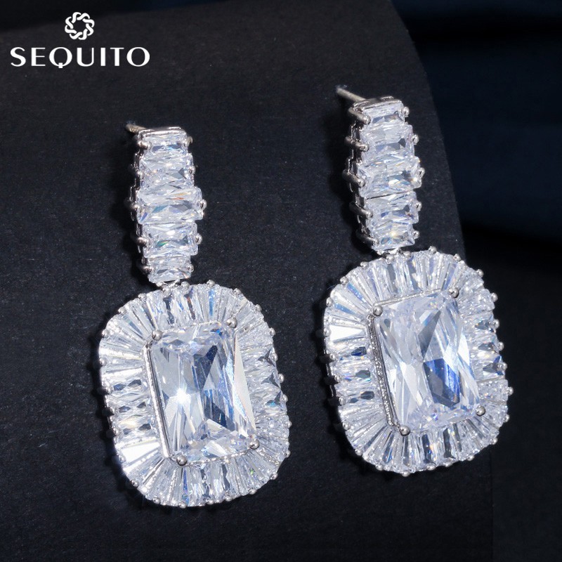 Sequito เจ้าสาว 925 Silver Pin Earing Square Drop Zirconia เพชรต่างหูคริสตัลสําหรับสุภาพสตรีคลาสสิกหรูหราเครื่องประดับ E148