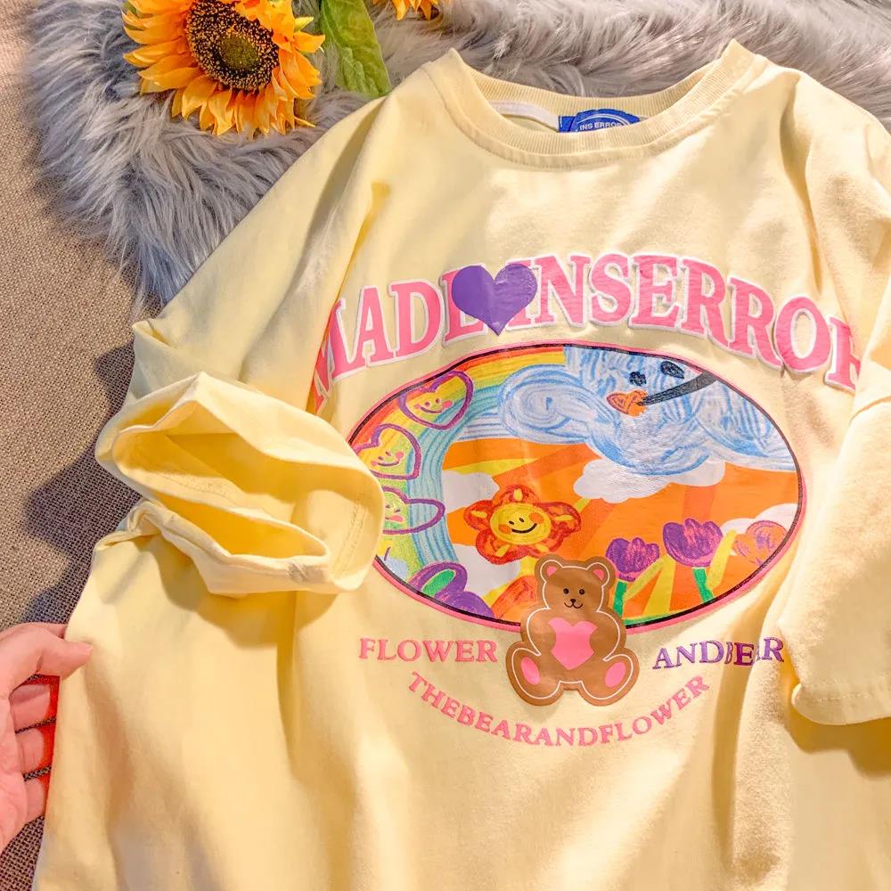 ญี่ปุ่นวิทยาลัยหวานลมผู้หญิงฤดูร้อน oversize เสื้อยืดแขนสั้น