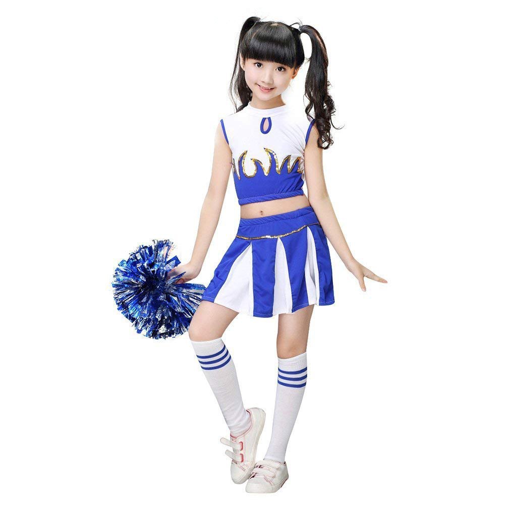 JanJean Kids 3Pcs Cheerleading Uniform for Girls Sleeveless Cheer Leader Dance Dress Outfit with Stockings 2 Pom Poms 