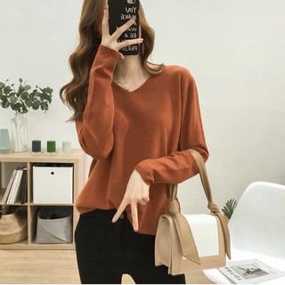 พร้อมส่ง📌เสื้อไหมพรมแขนยาวคอวีผ้านิ่ม