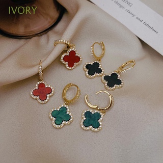 Ivory ต่างหูห่วง จี้เพทาย รูปดอกไม้ ใบโคลเวอร์สี่แฉก เครื่องประดับสตรี