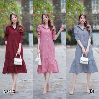 N3443	เดรสปกเชิ้ตลายสก๊อตแขนยาว ติดกระดุมด้านหน้า