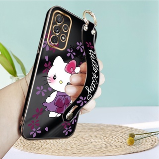 เคสโทรศัพท์มือถือแบบนิ่ม TPU ลายการ์ตูนคิตตี้ พร้อมสายคล้องข้อมือ หรูหรา สําหรับ Samsung Galaxy A72 A52 A52s A42 5G A32 A22 A12 4G 5G M12 M22 M42