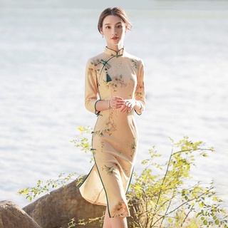 2021 ใหม่แขนยาว high-end อารมณ์ retro สาธารณรัฐจีนดอกไม้ขั้นสูง cheongsam