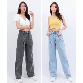 WOW Jeans: กางเกงยีนส์ ทรงขาใหญ่ สไตล์BP จีบเอวหน้าซ่อนกระเป๋า มี2สี สีดำชาร์โคล &amp; สียีนส์ซีด 4ไซส์ S26 M28 L30 XL32