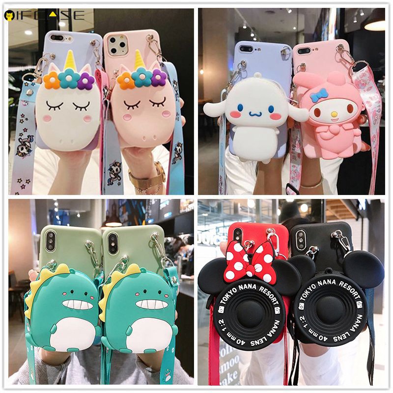 Samsung Galaxy S10 Lite 2020 S9 S9+ S8 S8+ Plus S7 edge Phone Case Minnie Mickey Unicorn Dinosaur Melody Cinnamoroll Dog Lanyard Zipper Wallet Coin Purse Card Package Cartoon Cute Soft TPU Case Cover