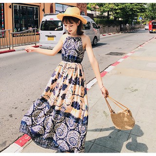 Maxi dress ชุดไปทะเล โทนสีครีม-น้ำเงิน SC6404