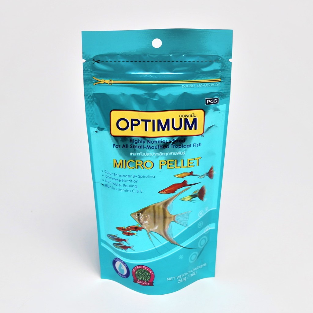ใหม่ อาหารปลา ปากเล็ก OPTIMUM Micro Pellet 50 g. หางนกยูง นีออน ปลาสอด เทวดา (ถุงเขียว)