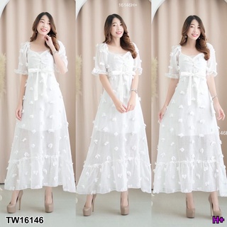 TW16146 Maxi dress ผ้าซีทรูแต่งปอมๆ แต่งย่นที่หน้าอก แต่งระบายย่นที่ปลายแขนและชายกระโปรง มีซัปในทั้งชุด/มีซิปซ่อนด้าน