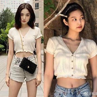 🎀 Jennie Knit งานนำเข้า พร้อมส่ง เสื้อครอปไหมพรม​สไตล์​สาว Jennie แห่งวง Blackpink