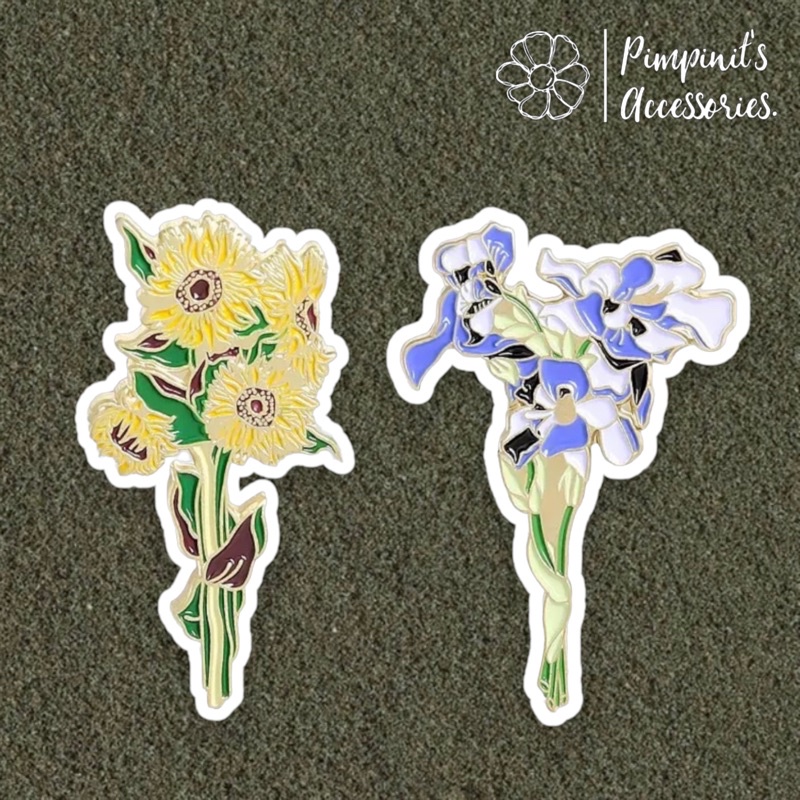 ʕ •ᴥ•ʔ พร้อมส่ง : เข็มกลัดเซ็ทช่อดอกทานตะวันและดอกไอริส | Sunflower & Iris Bouquet Enamel Brooch Pin Set.