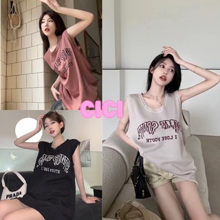 Cici(NO.8772)เสื้อแขนกุดไหมพรม คอกลม ปักลายอักษรทรงหลวมสไลตืเกาหลีเท่ๆ