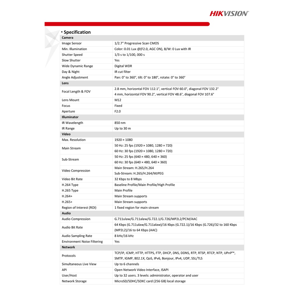 HIKVISION กล้องวงจรปิด IP รุ่น DS-2CD1023G0-IUF (เลนส์ 4MM.) 2MP อินฟราเรด มีไมค์ รับประกัน 3 ปี