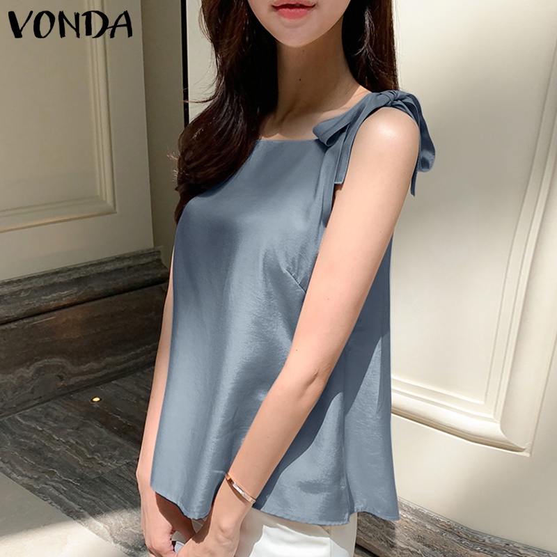 Vonda ผู้หญิง เกาหลี คอกลม แขนกุด ลําลอง สีพื้น เสื้อกล้ามฤดูร้อน