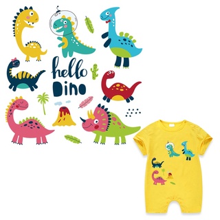 สติกเกอร์ ลาย Hello Dino Iron On Diy สําหรับติดตกแต่งเสื้อผ้าเด็ก iron on patch