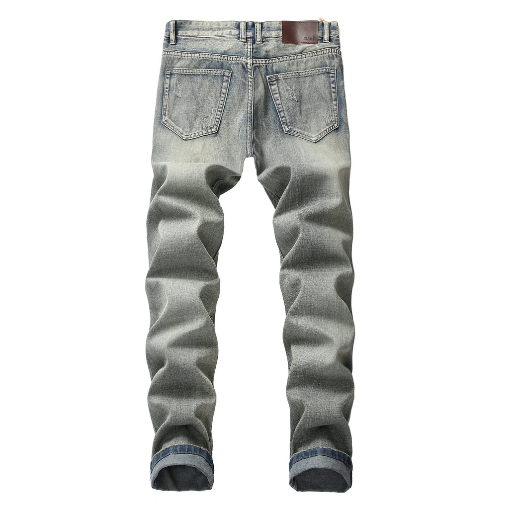 Mens broken hole nostalgic Jeans Straight Tube slim fitting mens jeans ...
