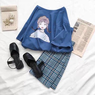 พร้อมส่ง 🍁Mako blue ชุดเซ็ตเสื้อยืด oversize+กระโปรงลายสก๊อตสีฟ้า