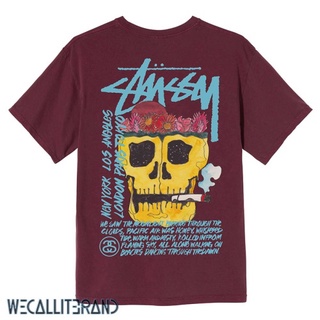 STUSSY เสื้อยืดแขนสั้นพิมพ์ลายหัวกะโหลกดอกไม้สําหรับคู่รัก