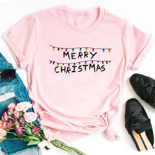 Merry Christmas lantern letter Christmas tree fashion loose casual women pink Christmas T-shirt short sleeve 471