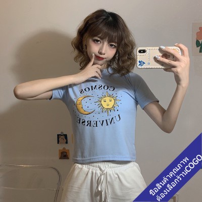 COGOพร้อมส่ง เสื้อครอปเอวลอยรัดรูป เสื้อผ้าแฟชั่นผู้หญิง รูปที่ 5