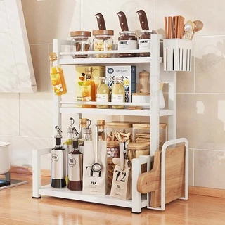 [กันสนิม] ชั้นวางเครื่องปรุงโครงเหล็ก 2/3ชั้น พร้อมที่ใส่มีด+ช้อน+เขียง PC