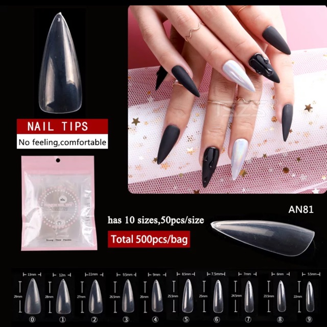 AN81 AN82 เล็บปลอมทรงปลายแหลม Stiletto 500 ชิ้น