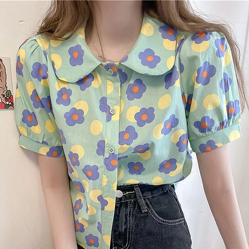 เสื้อเชิ้ตลายดอก คอปกโปโล ทรงหลวม แขนสั้น thumbnail 7