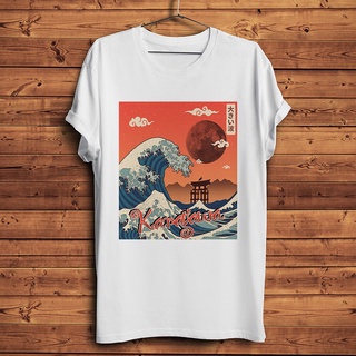 ขายดี!เสื้อยืดลําลอง แขนสั้น พิมพ์ลาย Ukiyoe The Great Wave off Kanagawa red moon สีขาว สไตล์วินเทจ ญี่ปุ่น สําหรับผู้ชา