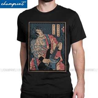 เสื้อยืดคอกลม พิมพ์ลาย Bassist Samurai Guitar Rock Metal Music สไตล์ญี่ปุ่น สําหรับผู้ชาย