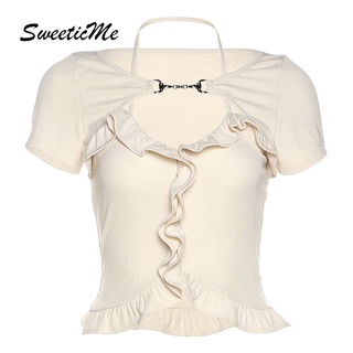 Sweeticme ใหม่ เสื้อยืดครอป แขนสั้น คอปาด เข้ารูป สีพื้น แฟชั่นสตรีท 2022