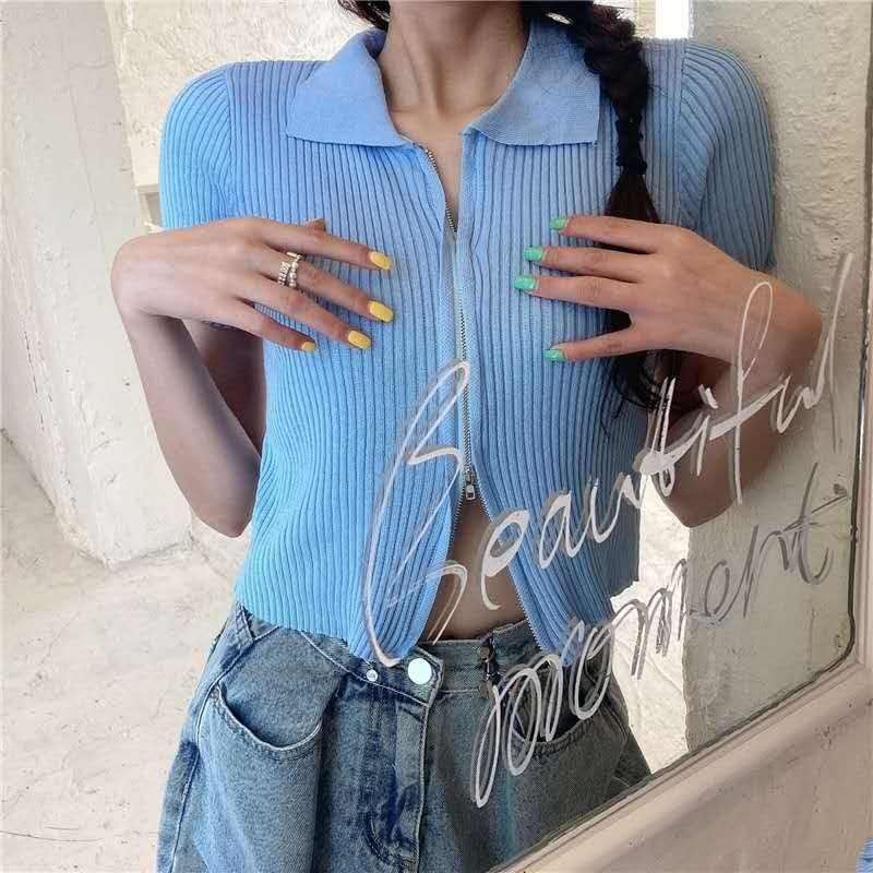 Aone(พร้อมส่ง/ใหม่)#5930เสื้อคอปกแขนสั้นไหมพรมเเต่งซิ๊บ​หน้ารูดได้จริง​