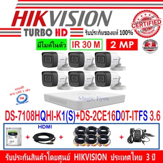 Hikvision กล้องวงจรปิด 2MP รุ่น DS-2CE16D0T-ITFS 3.6(6)+DVR รุ่น DS-7108HQHI-K1(S)(1)+ชุดครบเซ็ท แถมฟรีสาย LAN 5M.1เส้น