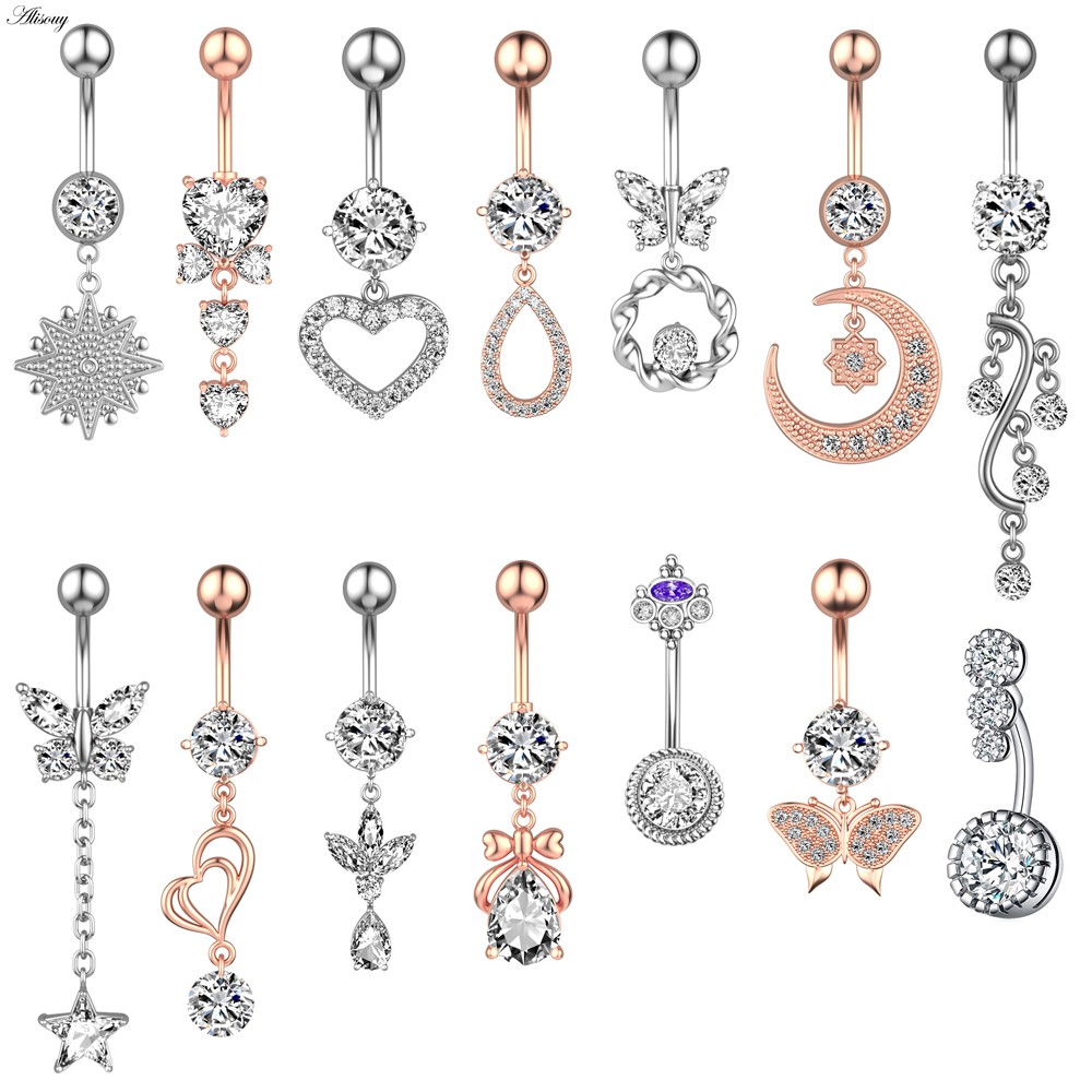 Alisouy 1 ชิ้น CZ คริสตัลแหวนสะดือบาร์ Barbell Drop Dangle Nombril Ombligo เซ็กซี่ Belly ปุ่มแหวนผู้ชายผู้หญิงเจาะเครื่องประดับ