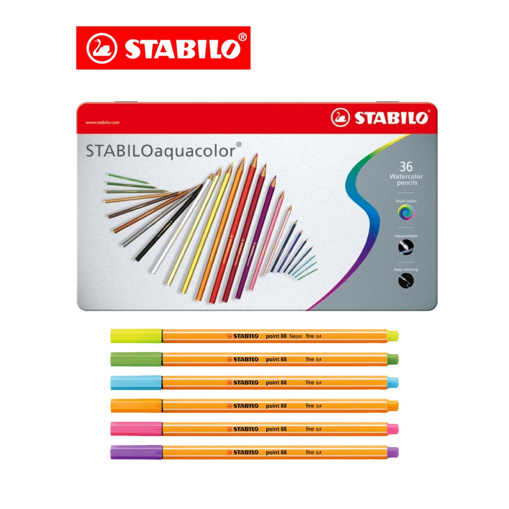[Official Store] STABILO Aquacolor สีไม้ ชุด 36 สี+ Point 88 ปากกาหมึกน้ำ ปากกาหัวเข็ม ปากกาหัวสักหลาด 6 สี