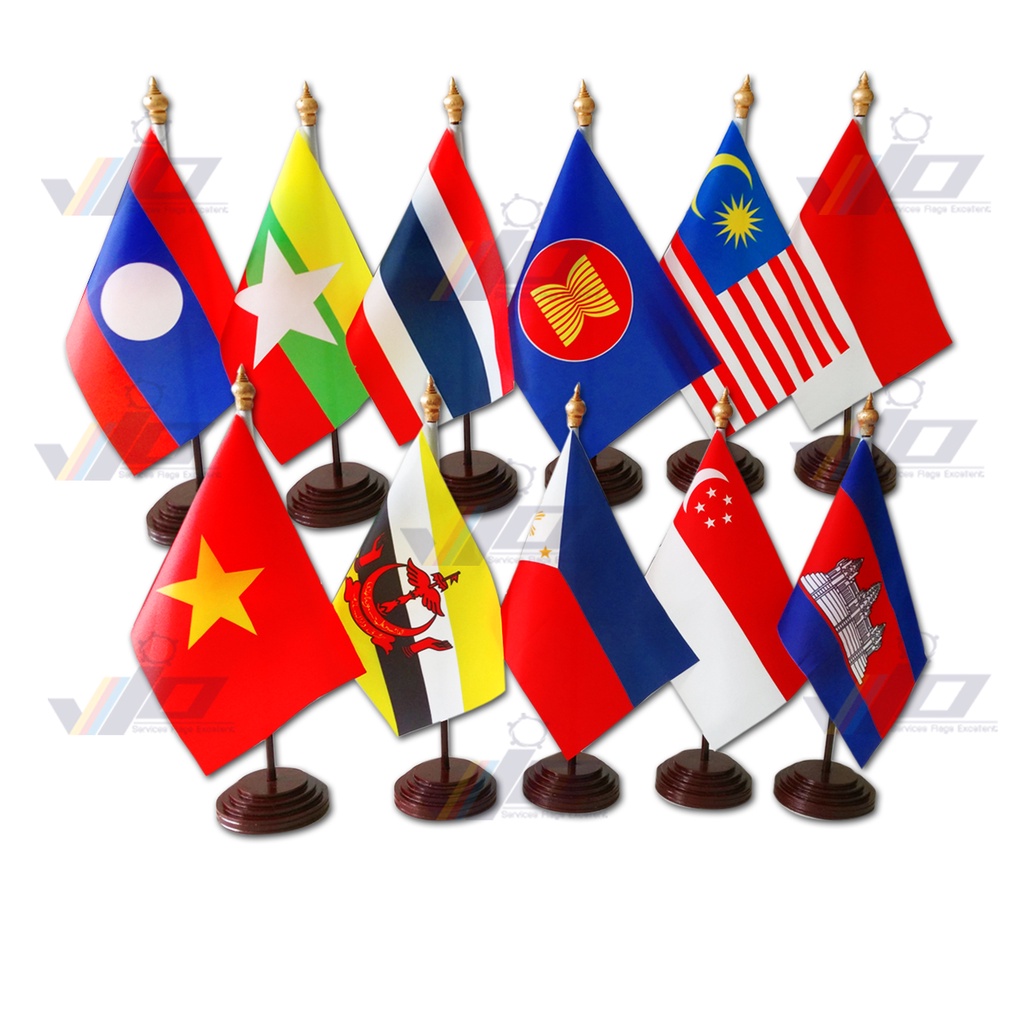 ชุดธงตั้งโต๊ะประเทศกลุ่มอาเซียน AEC Flag ขนาดความสูง 15" (ฐานชั้น) 1 ชุด มี 11 ผืน ขนาด 15 x 22.5 cm