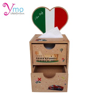 Tissue Pop Up Box with Drawer Box กล่องใส่กระดาษทิชชู่ป๊อบอัพ พร้อมลิ้นชักใส่ของ งาน Handmade ไม้ Ymo ลาย Italy ของขวัญ