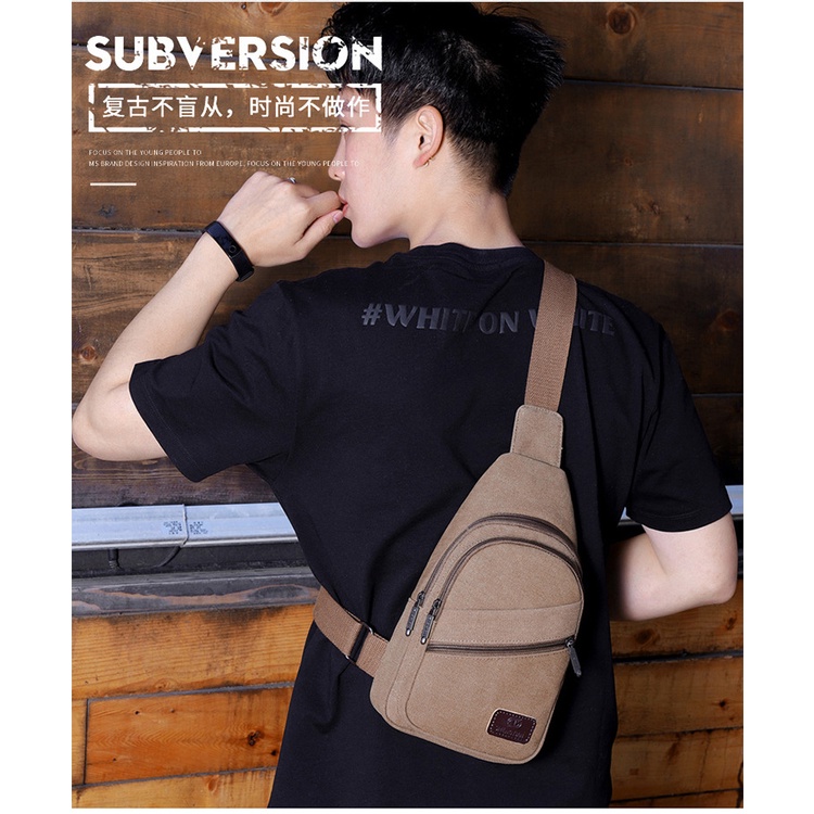 (w159)กระเป๋าคาดอกผ้าแคนวาสหนา มี5ช่อง ผ้าหนาใบใหญ่เท่ redskyzone
