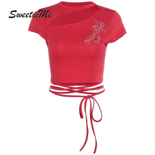 Sweeticme เสื้อยืดแขนสั้นเปิดไหล่สําหรับผู้หญิง