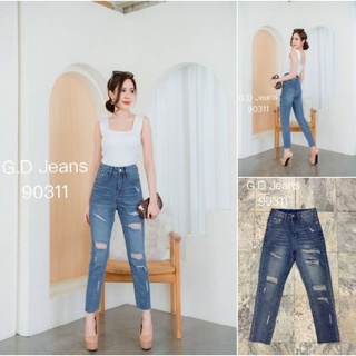 G.D.Jeans รุ่น 90311#กางเกงยีนส์ขายาวผ้าด้านทรงบอยฟอกสียีนส์ฟ้าแต่งสะกิดขาดเซอร์ๆ