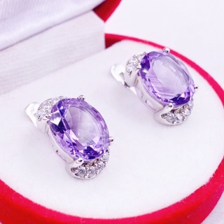 N6440 ต่างหูพลอยอเมทิสต์แท้ ( Amethyst ) แบบอิงลิชล็อค ตัวเรือนเงินแท้ 925 ชุบทองคำขาว