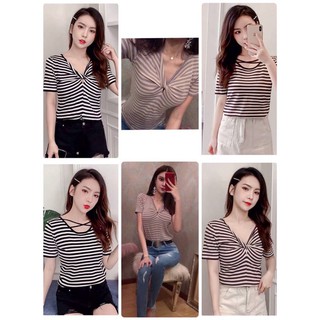 Hellomoomoo 🧧พร้อมส่ง!!เสื้อไหมพรมแขนสั้นลายทาง-ใส่ได้2ทาง