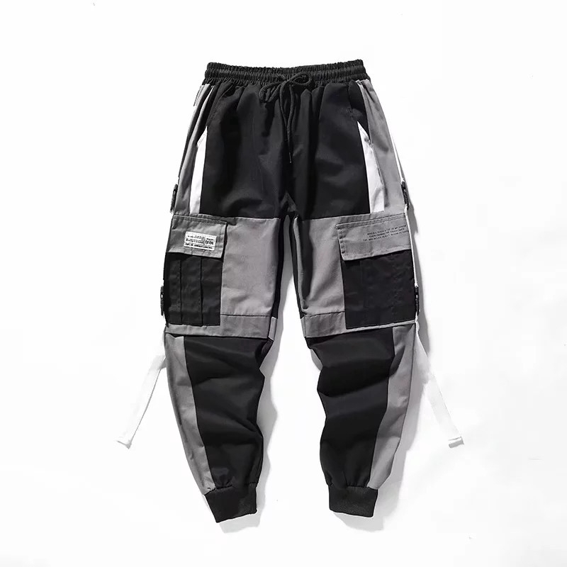 Men Ribbons Color Block Black Pocket Cargo Pants Harem Joggers Harajuku