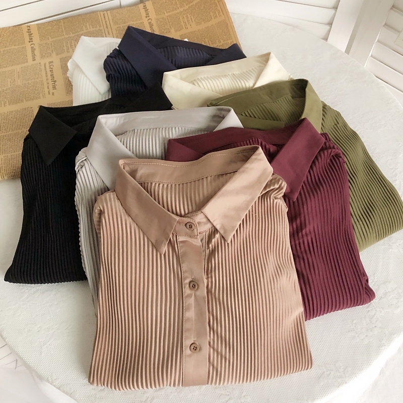 เสื้อเชิ้ตแขนยาว ผ้าชีฟอง จับจีบ ทรงหลวม สไตล์เกาหลี สําหรับผู้หญิง