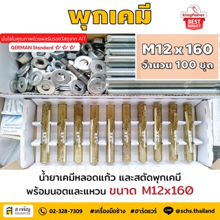 หลอดน้ำยาพุกเคมีหลอดแก้ว M12 ยี่ห้อ King Fisher และสตัดพุกเคมี พร้อมนอตและแหวน M12x160 - 100 ชุด