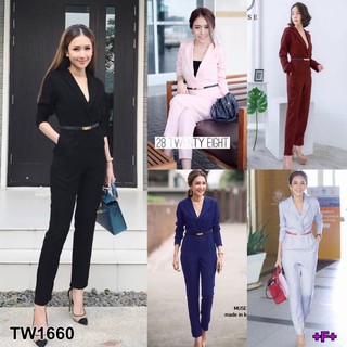 J1660 Jumpsuit จั๊มสูทขายาว คอปกเชิ้ต ดูลุคเรียบหรู (เนย)