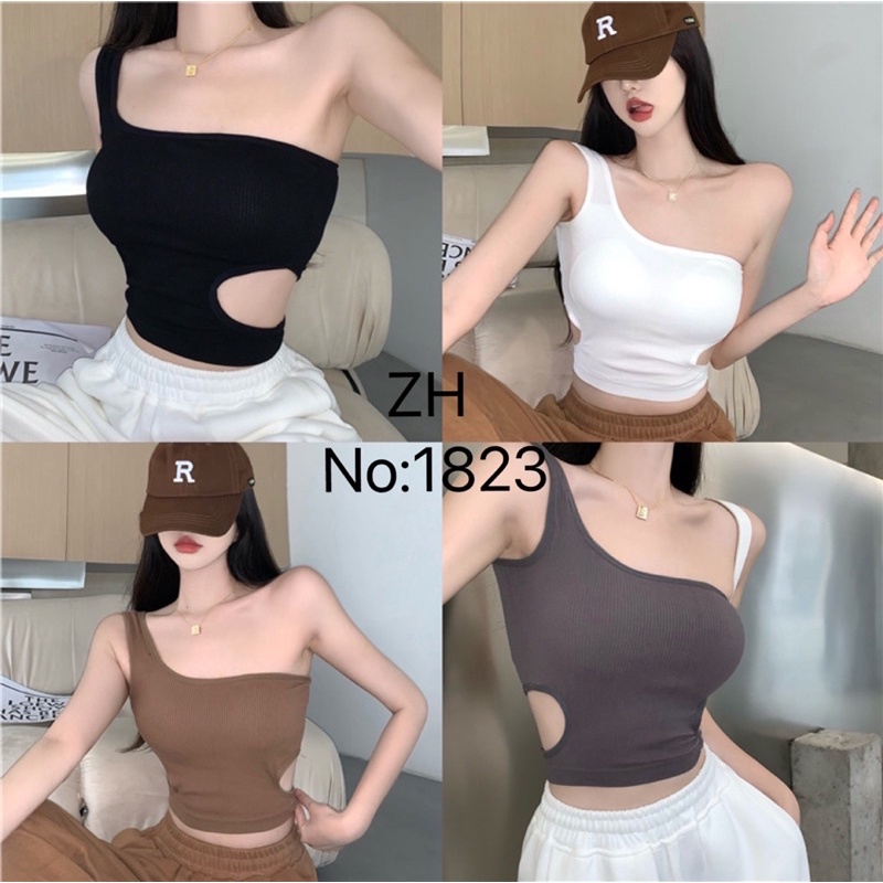 เสื้อครอปโชว์ไหล่ เว้าเอว เนื้อผ้าทอร่อง ZH.1823