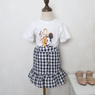 Phatkidsclub เสื้อผ้า cotton ลายมิกกี้เม้าส์+กระโปรงลายสก็อตขาวดำ