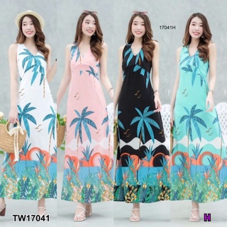 Maxi dress คอวีลายต้นมะพร้าวสุดชิค ดีเทลตัดต่อช่วงใต้อก